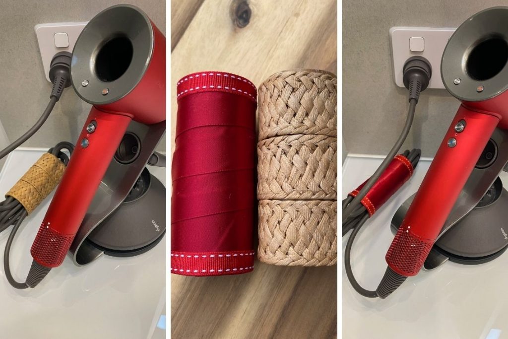 finished cord holders made from toilet rolls in red and neutral colors